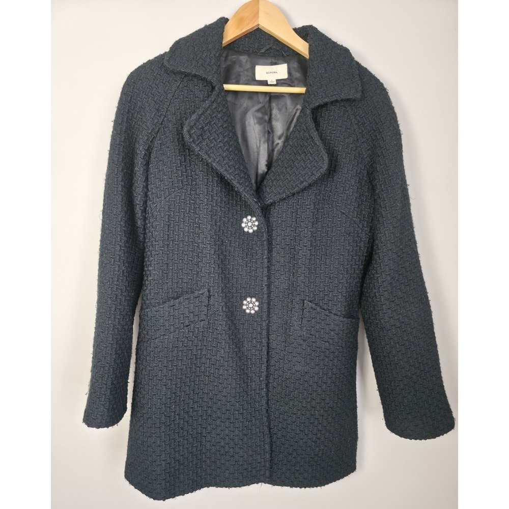 Merona Textured Wool Blend Coat Jacket L Black Button Front Pockets